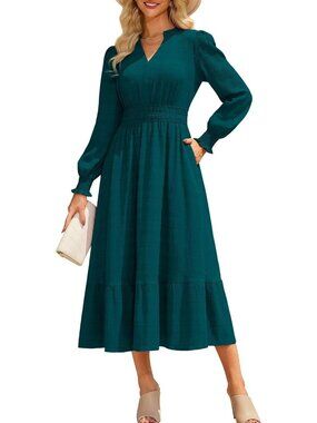 Grace Karin Womens XL Maxi Dress Teal Long Sleeve V-Neck Smocked Waist